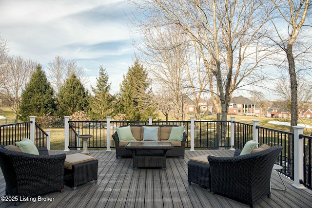 deck with a residential view and an outdoor hangout area