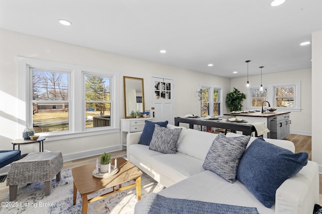 living room with plenty of natural light and light hardwood / wood-style floors