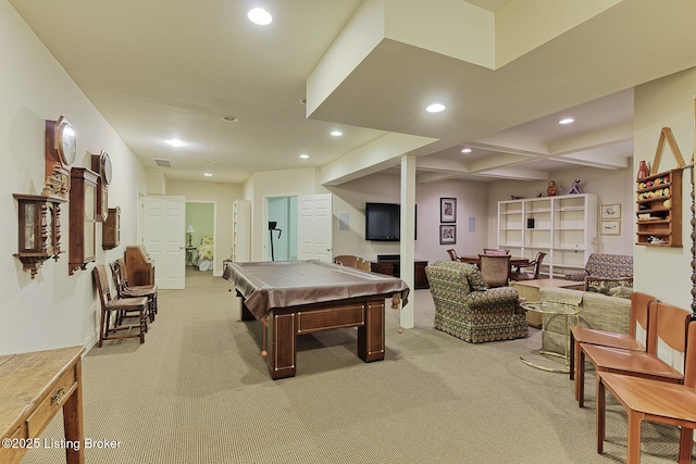 recreation room featuring visible vents, pool table, light colored carpet, and recessed lighting