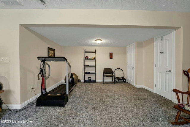 exercise room with a textured ceiling and carpet