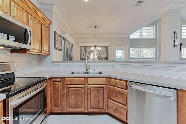 kitchen with crown molding, sink, a notable chandelier, and stainless steel appliances