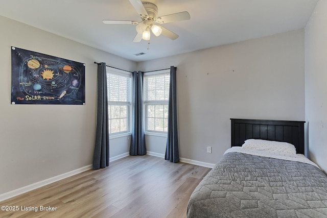 bedroom with ceiling fan and light hardwood / wood-style flooring