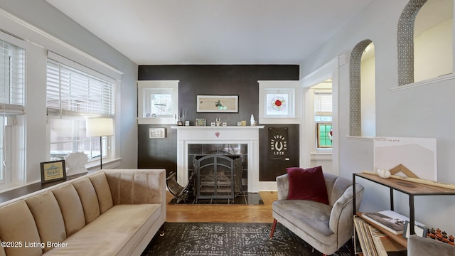 sitting room featuring hardwood / wood-style flooring, a healthy amount of sunlight, and a fireplace