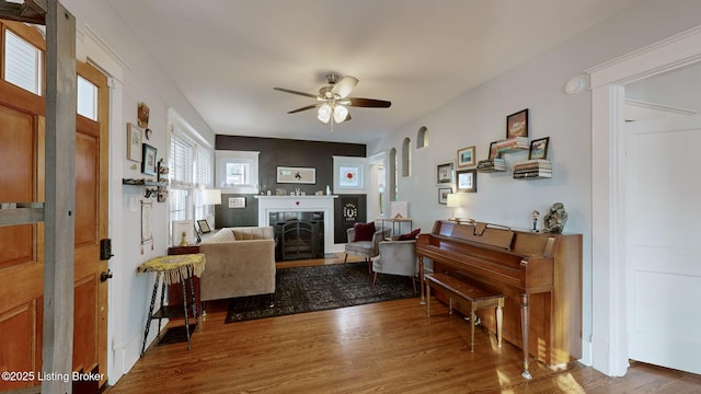 living room with hardwood / wood-style floors and ceiling fan