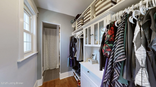 walk in closet with dark wood-type flooring