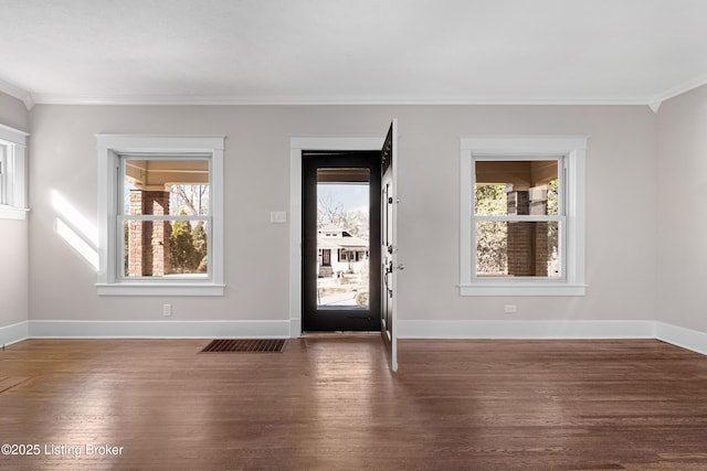 foyer featuring ornamental molding, plenty of natural light, and dark wood-type flooring