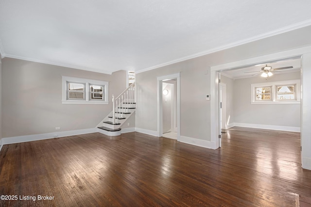 unfurnished living room with ceiling fan, ornamental molding, and dark hardwood / wood-style flooring