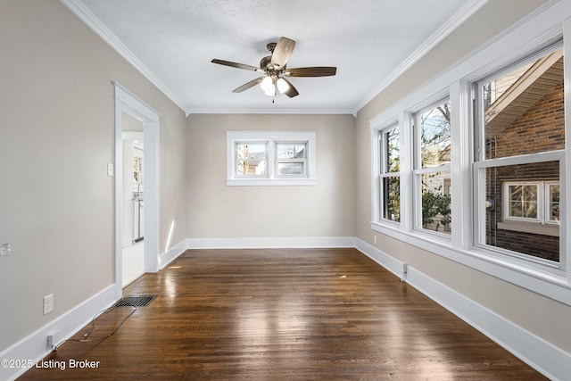 spare room with crown molding, a textured ceiling, ceiling fan, and dark hardwood / wood-style flooring