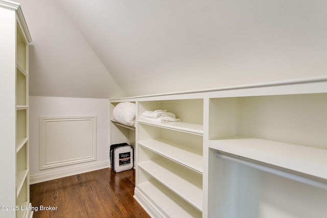 spacious closet featuring dark wood-type flooring and lofted ceiling