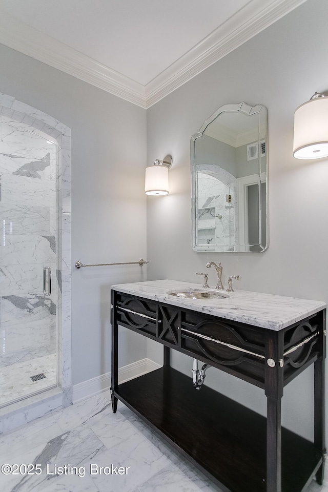 bathroom featuring crown molding, vanity, and a shower with door