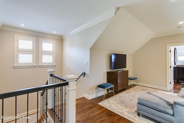 interior space featuring crown molding and dark hardwood / wood-style flooring