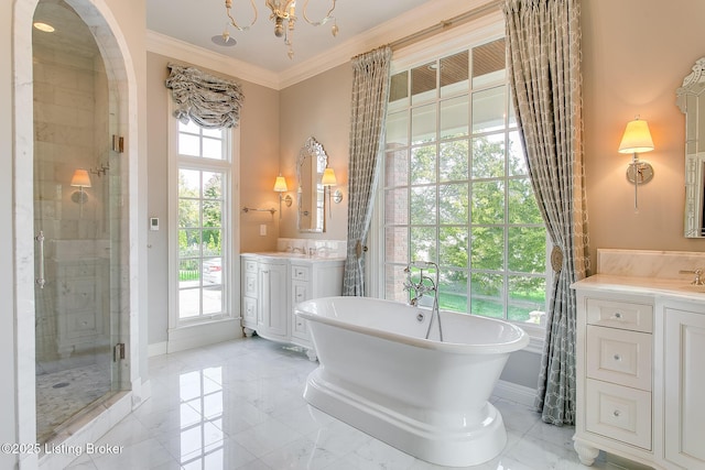 bathroom with ornamental molding, a healthy amount of sunlight, vanity, and plus walk in shower