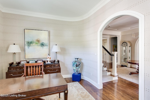 office featuring ornamental molding and wood-type flooring