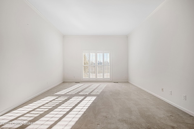 spare room featuring crown molding and light carpet