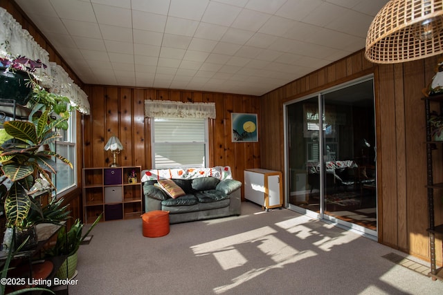 living room featuring wooden walls and carpet floors