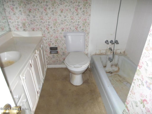 bathroom featuring wallpapered walls, baseboards, toilet, vanity, and  shower combination