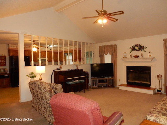 living room with beamed ceiling, high vaulted ceiling, ceiling fan, and carpet flooring