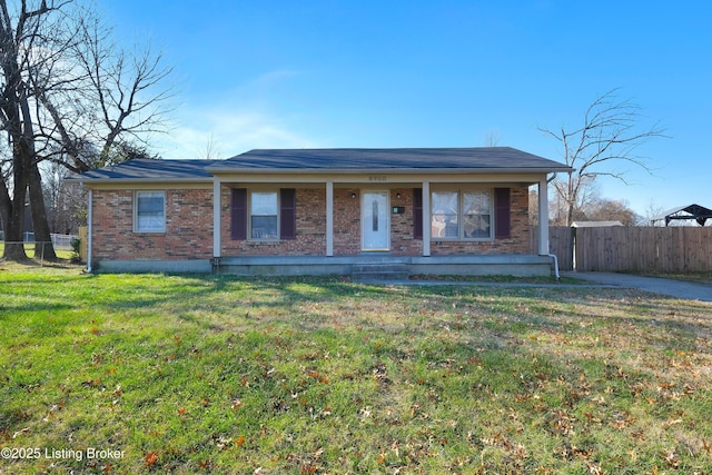 single story home with a front yard and a porch