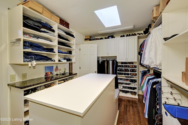 spacious closet with dark hardwood / wood-style flooring and a skylight