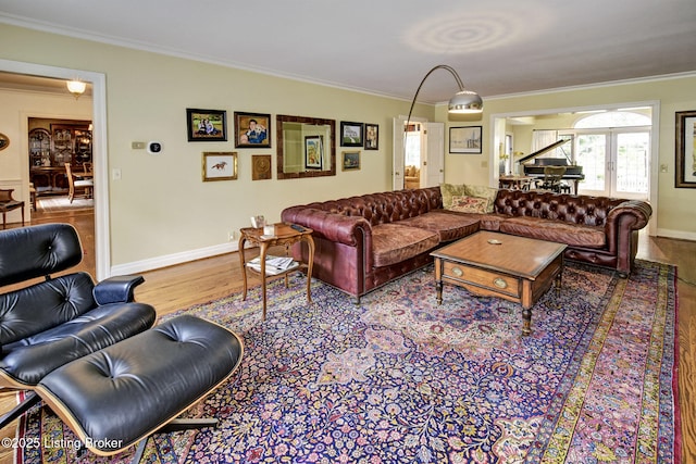 living room with crown molding and hardwood / wood-style floors