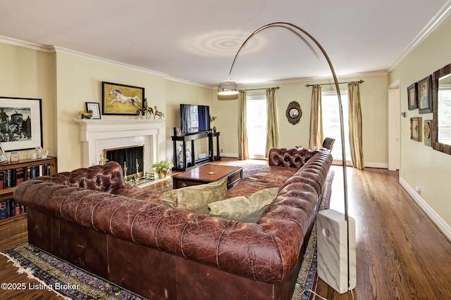 living room with crown molding and dark hardwood / wood-style floors