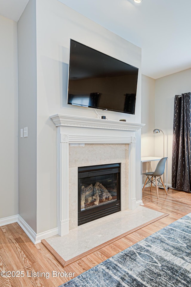 interior details featuring wood-type flooring and a high end fireplace