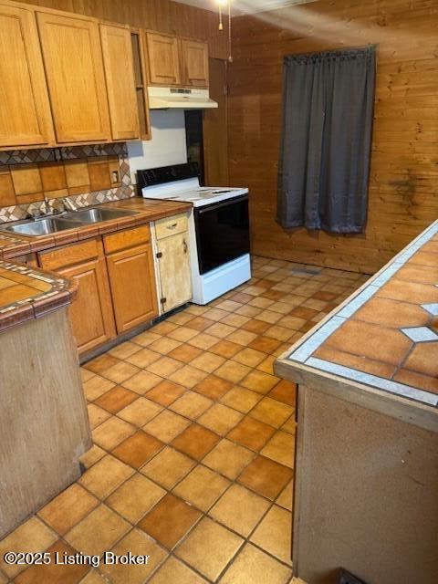 kitchen with wooden walls, sink, and range with electric stovetop