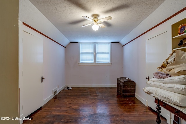 interior space with vaulted ceiling, ceiling fan, a textured ceiling, and dark hardwood / wood-style flooring