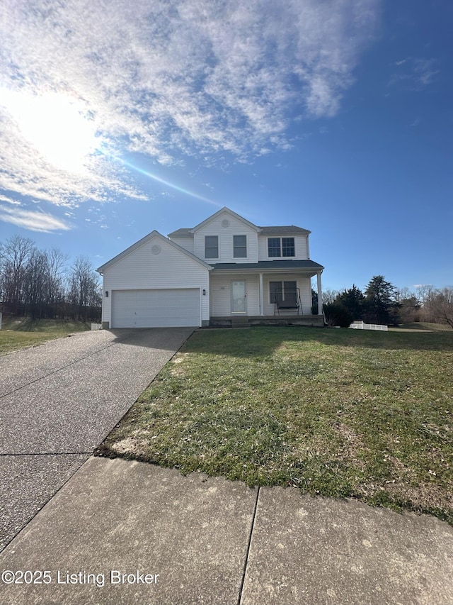 view of front of property with a garage, covered porch, and a front lawn