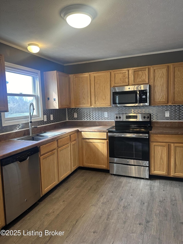 kitchen featuring hardwood / wood-style flooring, appliances with stainless steel finishes, sink, and tasteful backsplash