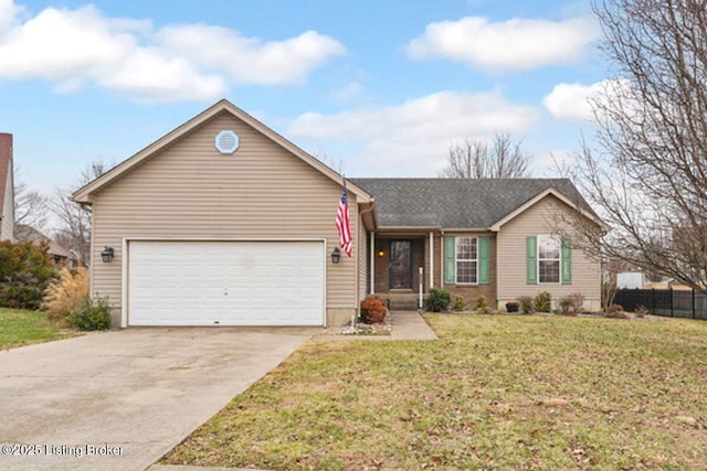 single story home featuring a garage and a front yard