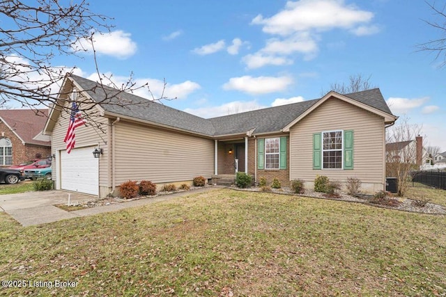 single story home with a garage and a front yard