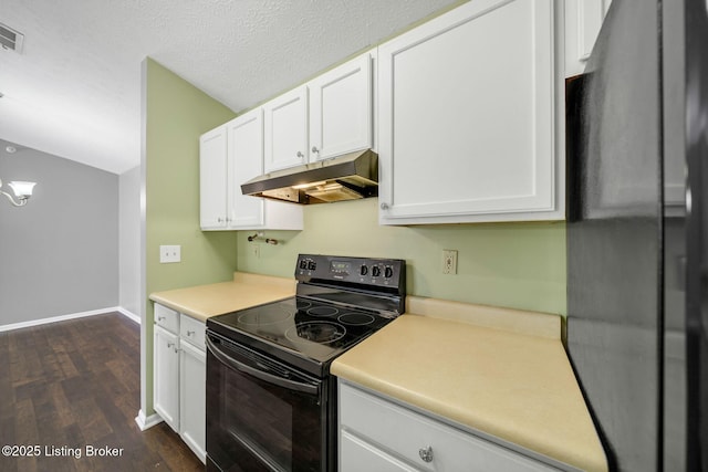 kitchen with white cabinetry, dark hardwood / wood-style flooring, a textured ceiling, and black appliances