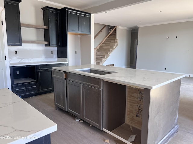 1603 Meremont Ridge Rd, Louisville, KY 40245 - kitchen featuring a center island with sink, light stone counters, dark cabinetry, light wood-style floors, and crown molding
