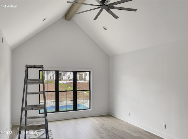 unfurnished room with beamed ceiling, high vaulted ceiling, ceiling fan, and light hardwood / wood-style flooring