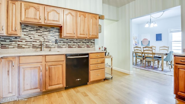 1014 E Oak St, Louisville, KY 40204 - kitchen featuring black dishwasher, a sink, light wood-style flooring, tasteful backsplash, and light brown cabinets