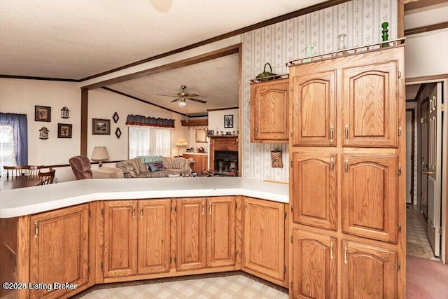 kitchen featuring crown molding, vaulted ceiling, kitchen peninsula, and ceiling fan