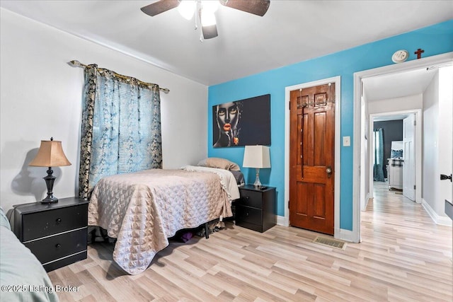 bedroom with ceiling fan and light hardwood / wood-style flooring