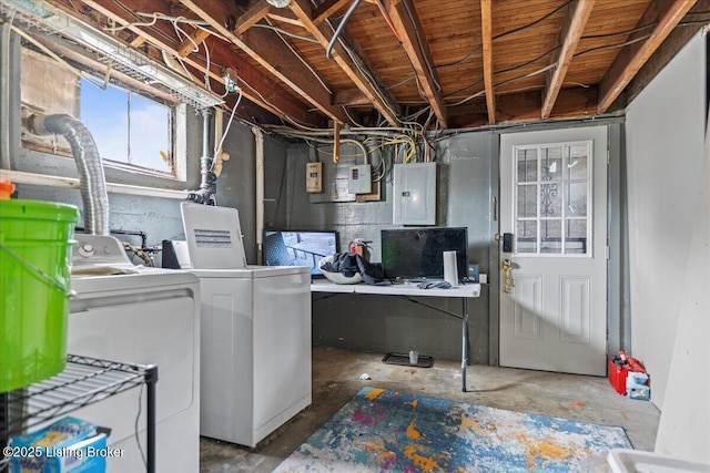 laundry room with electric panel and washing machine and clothes dryer