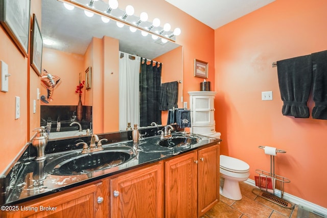 full bathroom with tile patterned flooring, vanity, independent shower and bath, and toilet