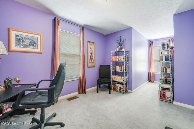 office space featuring light colored carpet and a textured ceiling