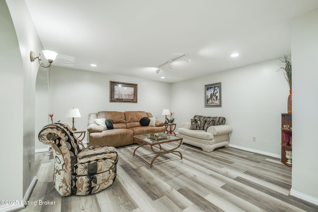 living room featuring rail lighting and light wood-type flooring