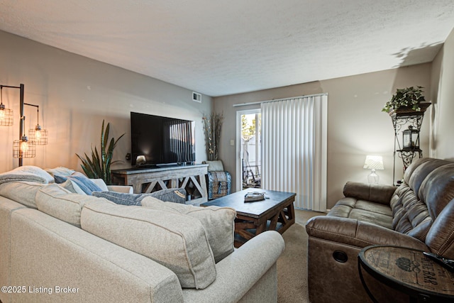 living room with carpet flooring and a textured ceiling