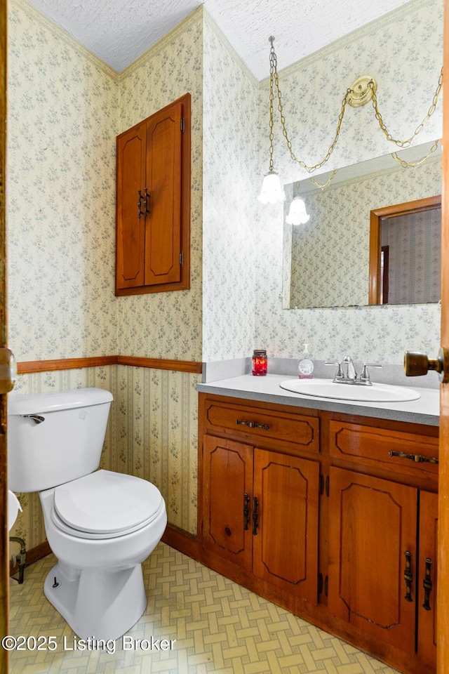 bathroom featuring vanity, a textured ceiling, and toilet