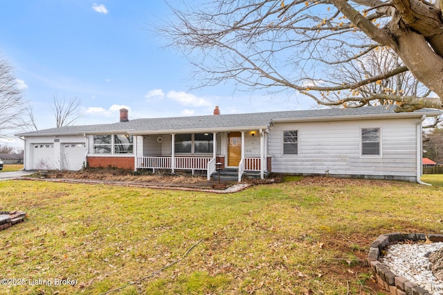 ranch-style home featuring a porch, a garage, and a front lawn