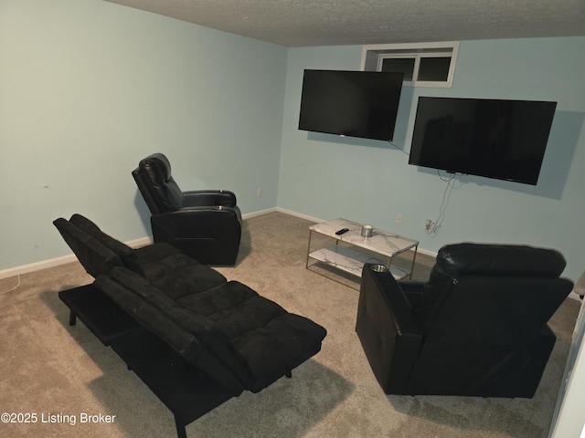 carpeted living room with a textured ceiling