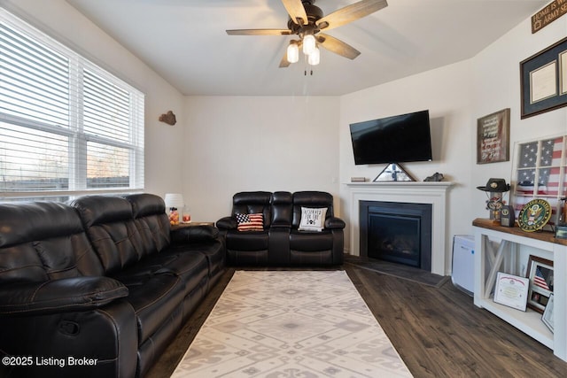 living room with dark wood-type flooring and ceiling fan