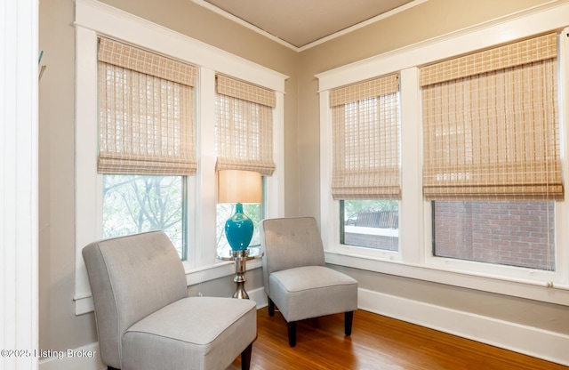 living area with wood-type flooring and crown molding