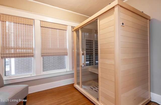 view of sauna / steam room featuring wood-type flooring