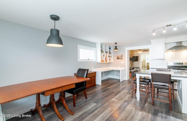 dining room with dark hardwood / wood-style floors and ceiling fan